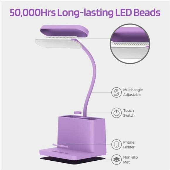 Purple rechargeable desk lamp LED cordless study table light for dorm room offic - Picture 5 of 7